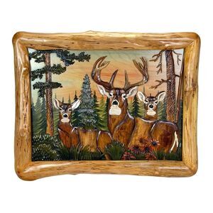 Deer in Woods Intarsia Wood Wall Sculpture 36x28 Rustic Cabin Lodge Decor